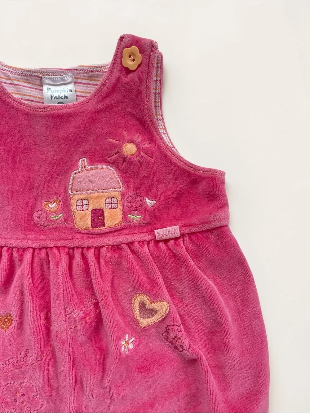 PUMPKIN PATCH EUC Raspberry Pink Velour Embroidered Cottage Romper